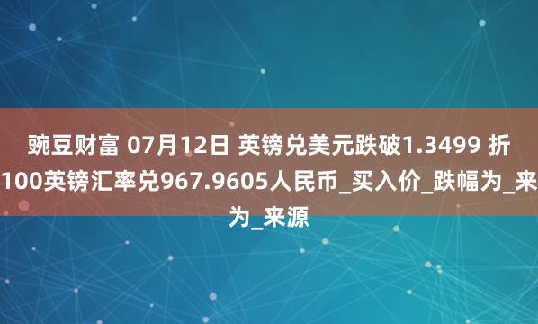 豌豆财富 07月12日 英镑兑美元跌破1.3499 折算100英镑汇率兑967.9605人民币_买入价_跌幅为_来源